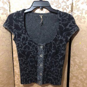 Free People Black Gray Mixed Buttons Short Sleeve Cardigan Sweater Size XS